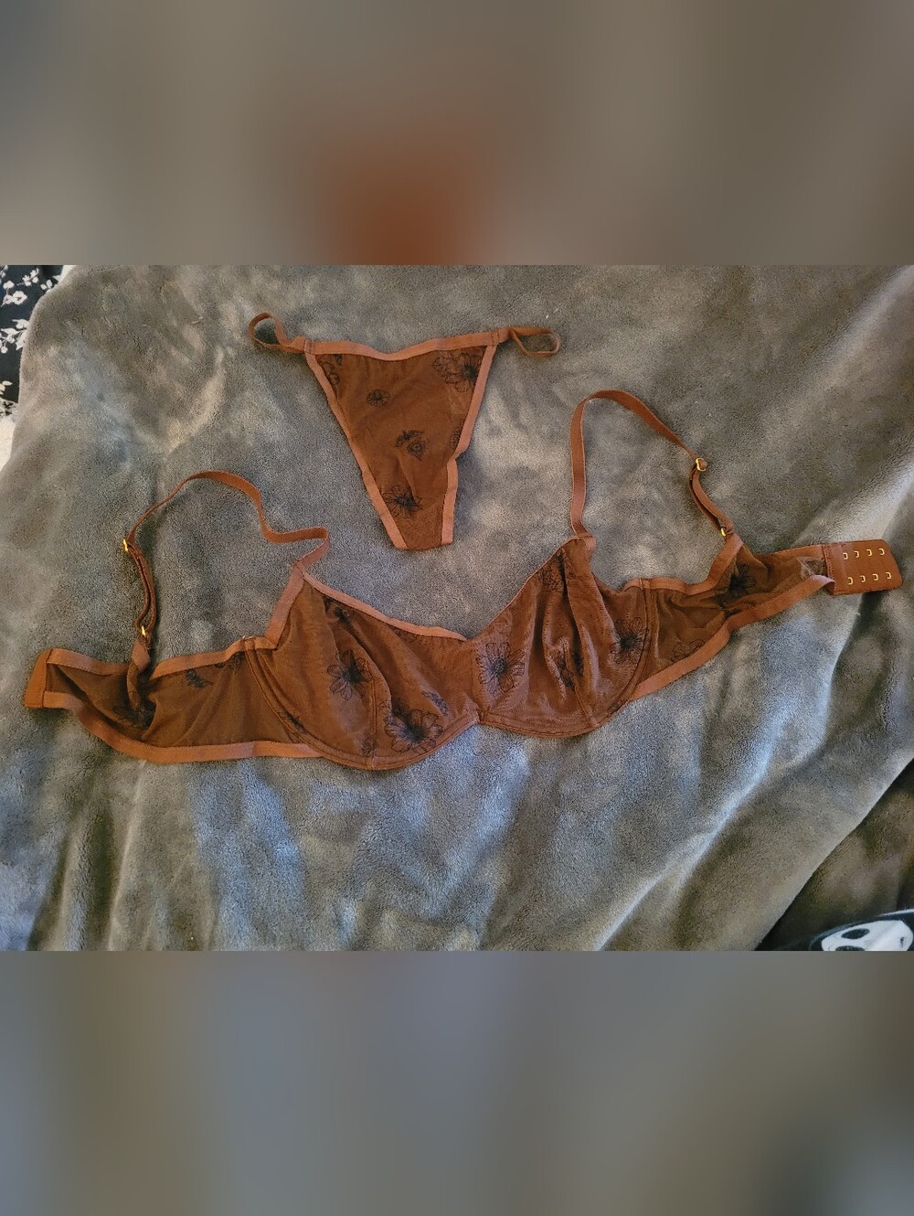 Bootaybag Brown Sheer Mesh Underwire Bra & Thong Set Wth Floral Pattern
